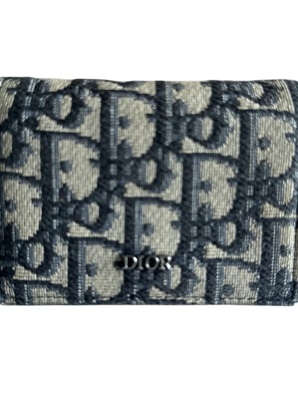 Christian Dior Oblique Jacquard Business Card Holder Compact Wallet Navy Beige